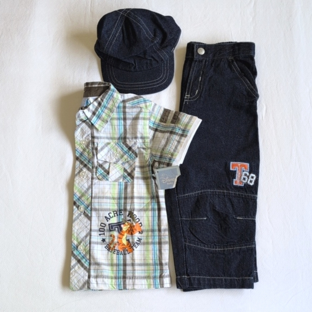 NWT VTG Disney Store Tigger Baseball 3PC Outfit Set Plaid Shirt Pants Hat 24M